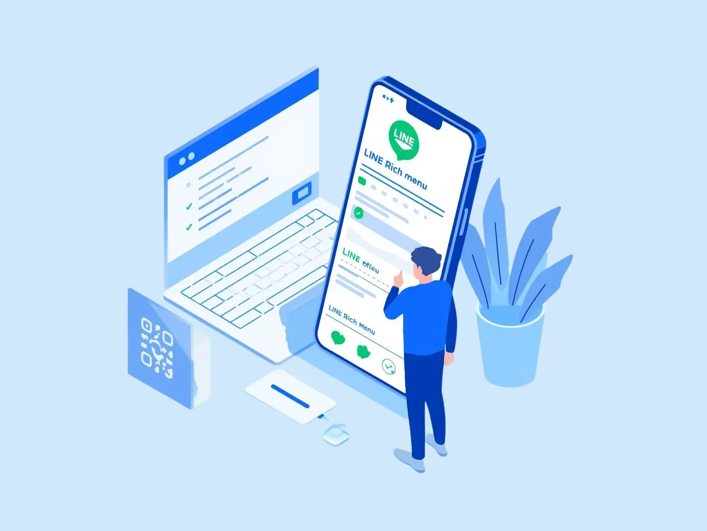 Online booking system interface showing LINE OA integration with QR code and Rich Menu for instant customer booking
